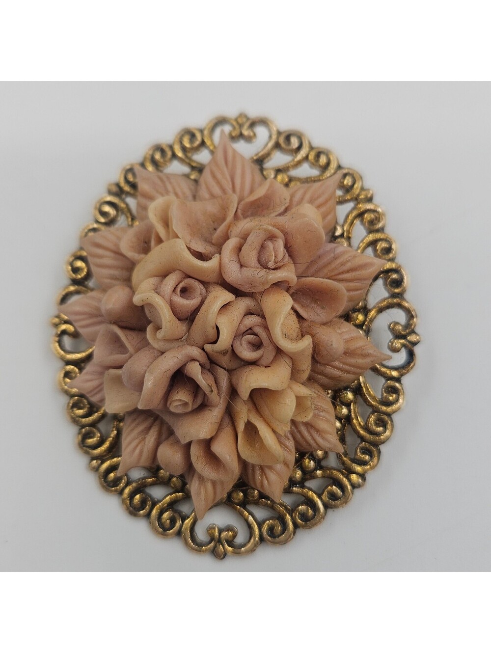 Vintage Brooch 1960s Resin Rose Floral Brooch Gold Tone Filigree Large 2.5"